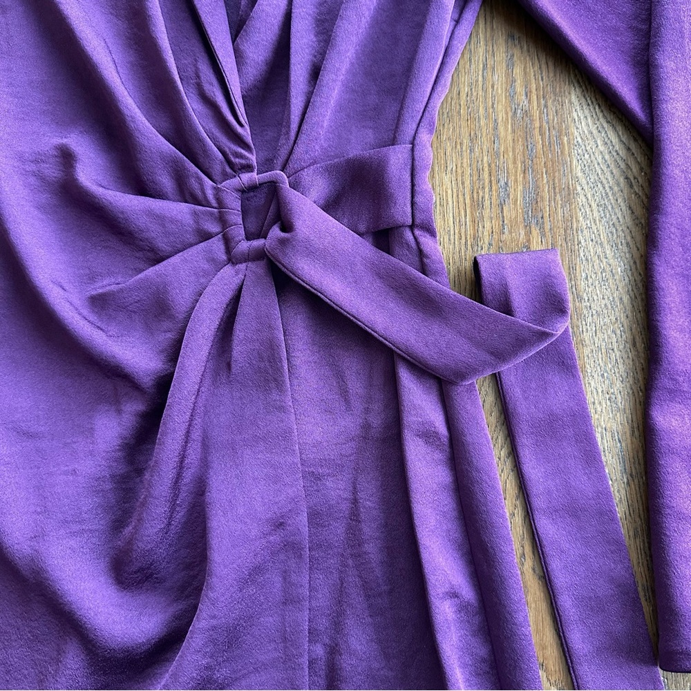 MANGO Wrapped Satin Buckled Dress Dark Purple Whimsical Statement Flare Sleeves - Picture 3 of 14